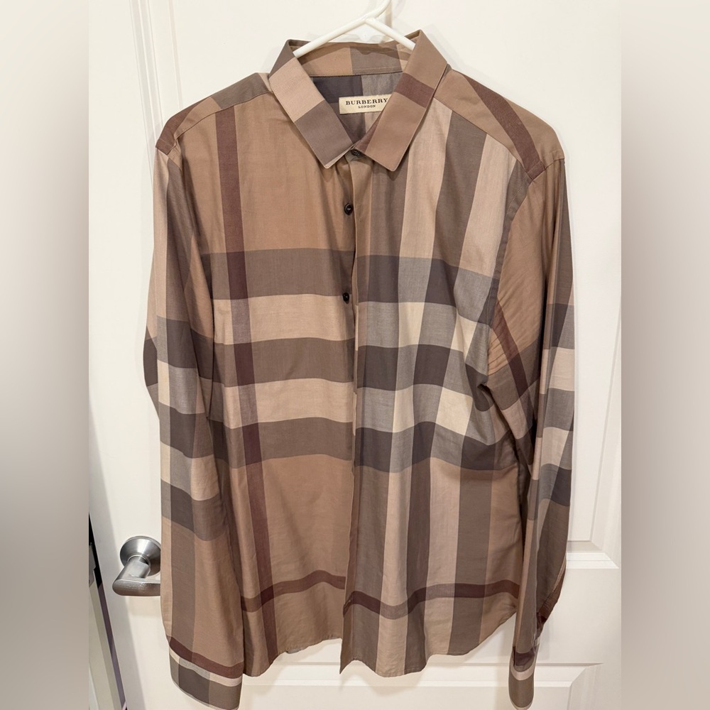 Burberry Men's Tan and Brown Plaid Shirt
